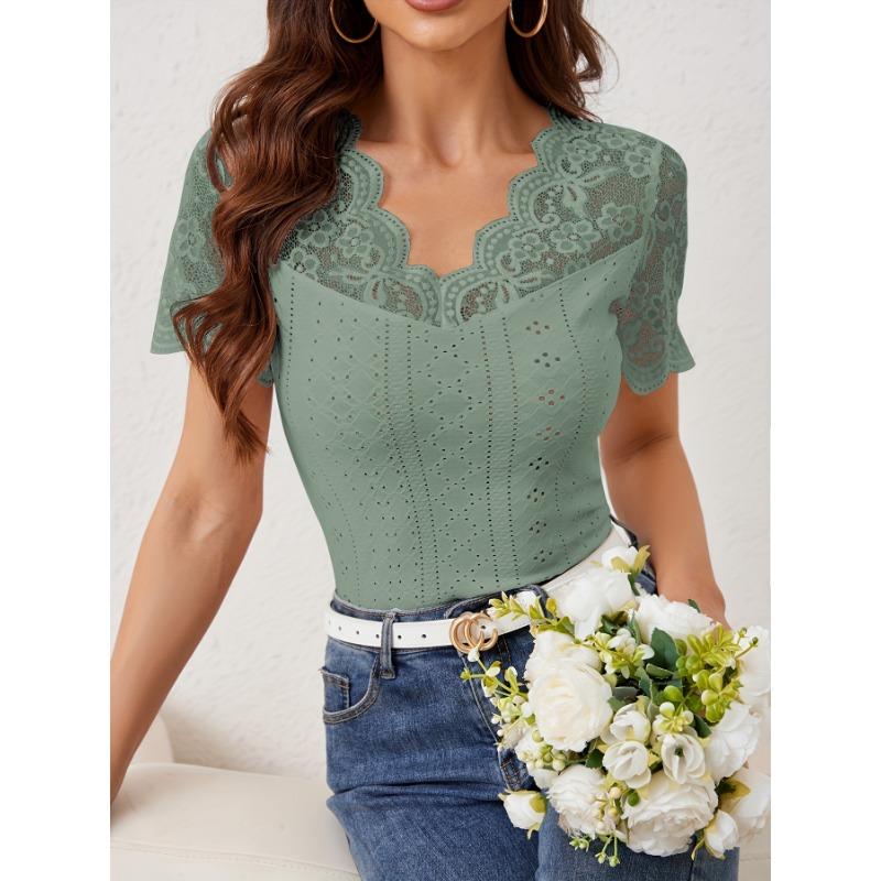 Women's New Fan-shaped Front and Back V-neck Lace Splicing Slim Thin T-shirt Short-sleeved Tops