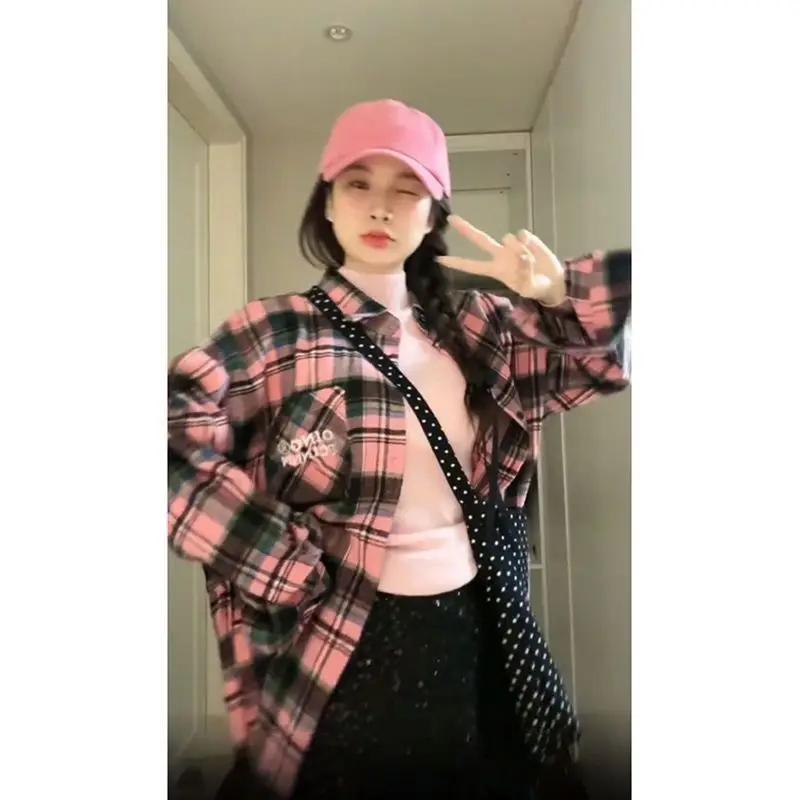 Корейская хип-хоп рубашка с цветными блоками в клетку с длинным рукавом для женщин весна-осень свободный крой стиль оверсайз универсальная модная куртка