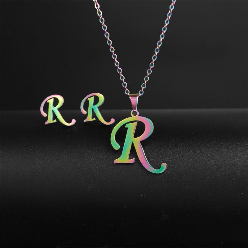 RUI RUI YU 26 Letter Colorful Stainless Steel Jewelry Sets for Women Men Alphabet Initial Chain Pendant Necklace Earrings Kids Gift