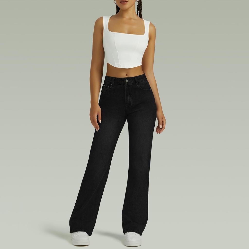 Women's High Waist Washed Women's Jeans Fashionable Versatile Straight Leg Pants