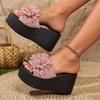 Large Flower Open Toe One Line Thick Bottom Slippers for Women's Summer New Fashion Slope Heel Women's Slippers