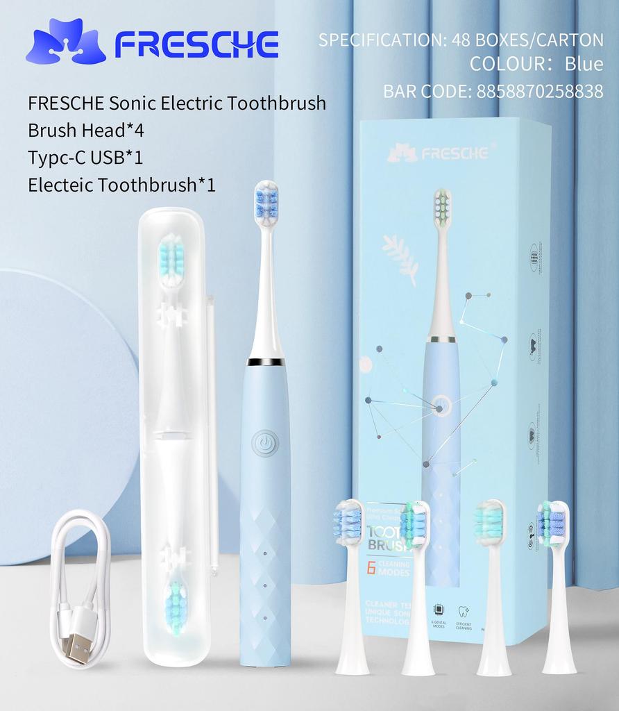 Электрическая зубная щетка Kasha Sonic, 6 скоростей, зарядка через USB, водонепроницаемость IPX7, длительный срок службы батареи, для взрослых