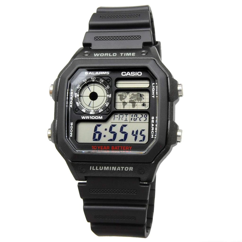 Casio Мировое время Цифровые часы AE-1200WH-1AV Черные (Импортный) / -1200WHD-1AV Мужской серебристый металлический браслет (Импортный)
