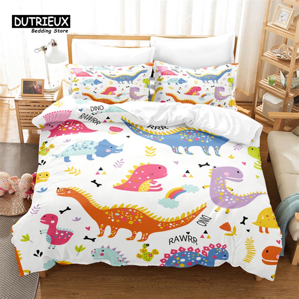 Cartoon Dinosaur Bedding Set, 3Pcs Duvet Cover Set, Soft Comfortable Breathable Duvet Cover, For Bedroom Guest Room Decor