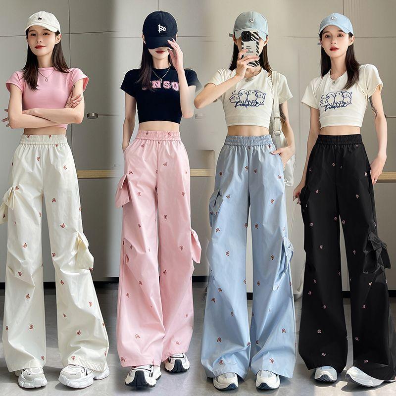 Street Fashion Summer Cargo Pants Women New Elastic High Waist Little Bear Bow Youthful Vitality Casual Loose Wide Leg Trousers