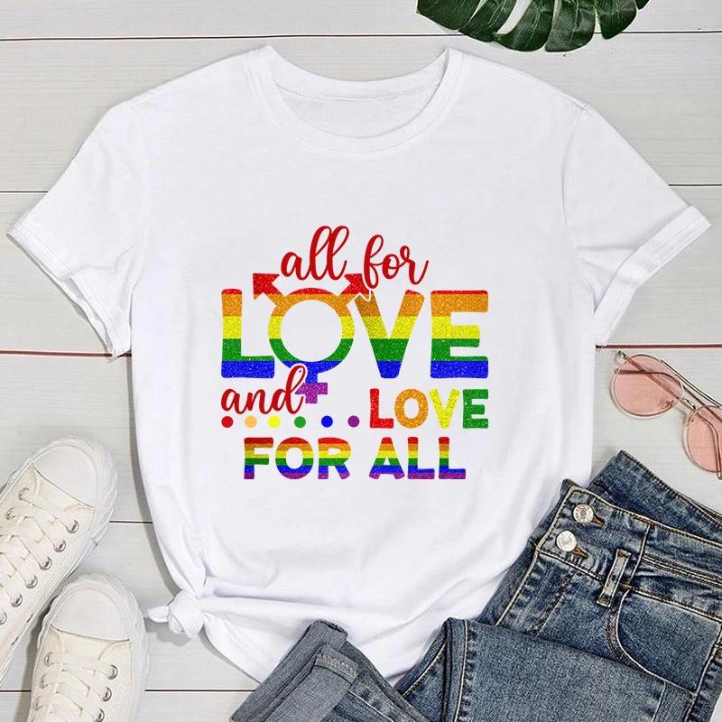 (Premium T-shirt)Cute Lgbt All For Love And Love For All Printed T-Shirts For Women Short Sleeve Funny Round Neck Tee Shirts