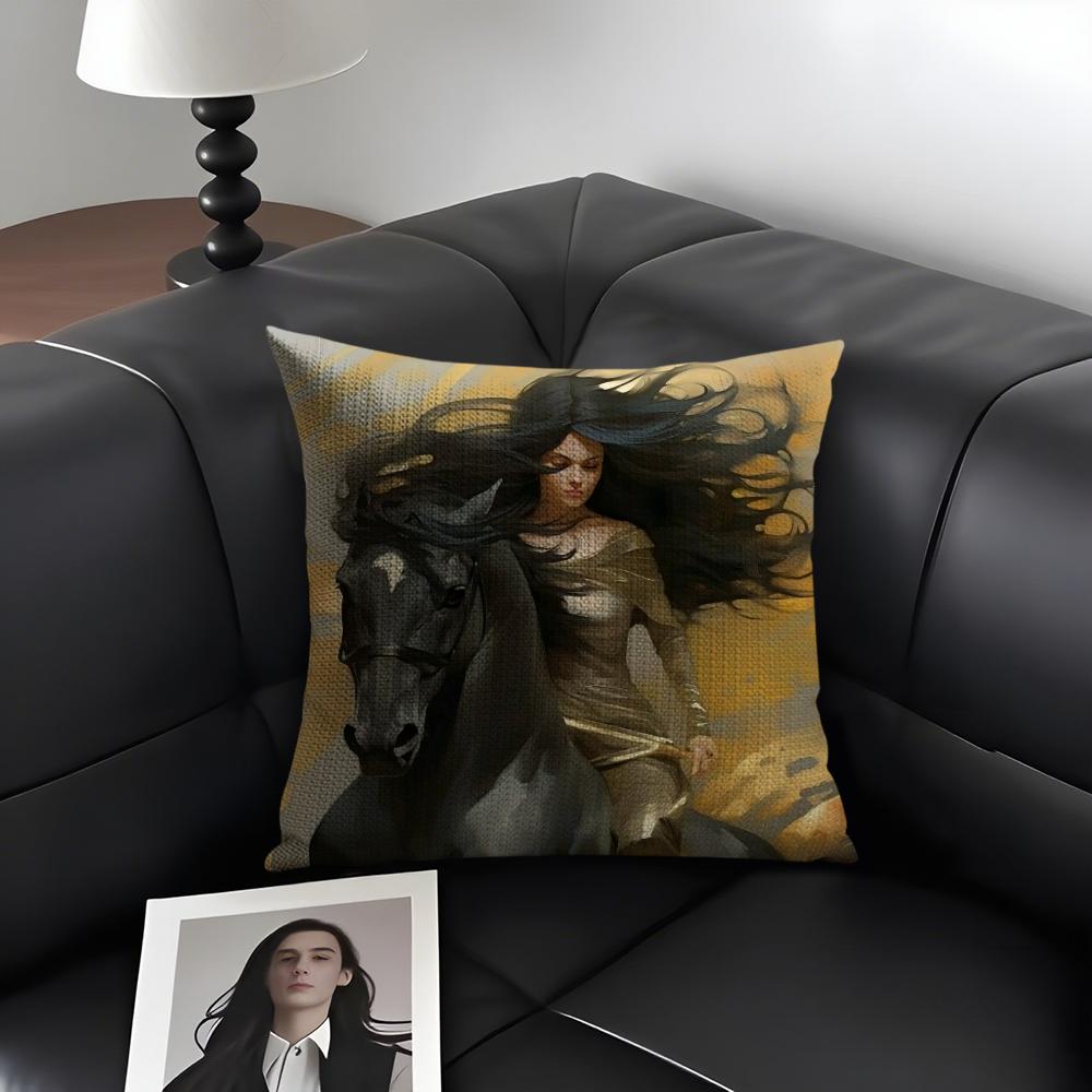 Rider Horse Painting Cushion Cover Natural Linen Organic Fabric DoubleSided Printing Sofa Home Decor Gift Pillow Case