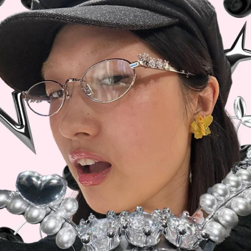 1/2Pcs Punk Oval Shades Rhinestone Glasses Women Men Exaggerated Y2K Retro Eyewear Stainless Steel Oval Metal Frame Eyeglasses