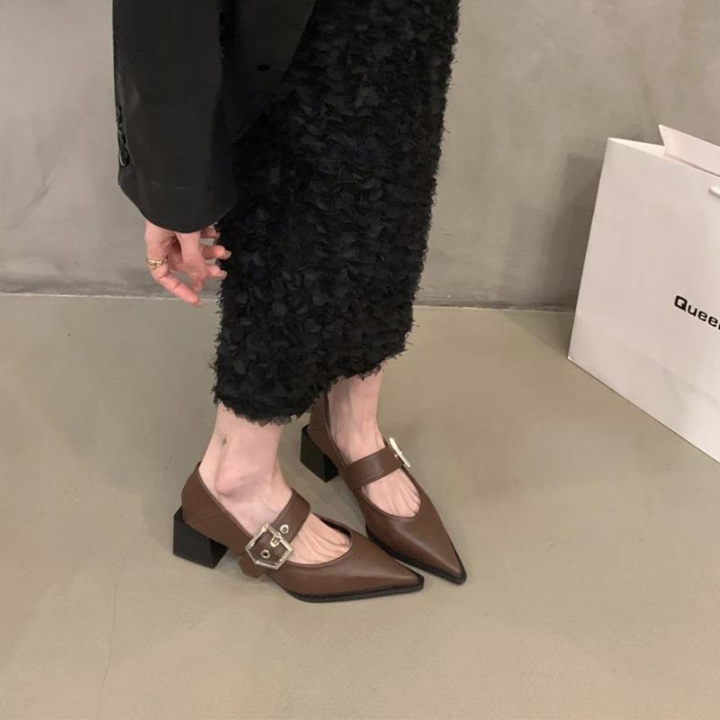Spring Pointed Toe Women Mary Jane Shoes Fashion Thick Heel Shoes Ladies Elegant Dancing Party Dress Pumps