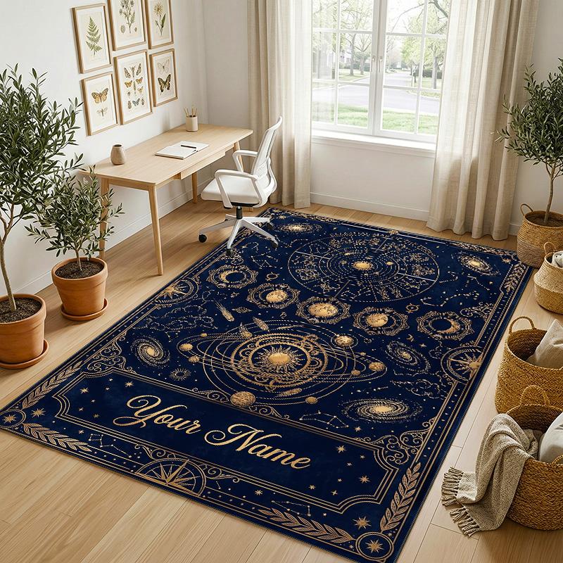 Cosmic Owl Theme Soft Crystal Velvet Rug Custom Name & Text Print Non Slip Floor Rug for Bedroom Living Room