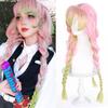 Synthetic Wig Kimetsu No Yaiba Kanroji Mitsuri Cosplay Wig Headgear Female Pink Green Gradient Bold Braided Hair Wig Headgear