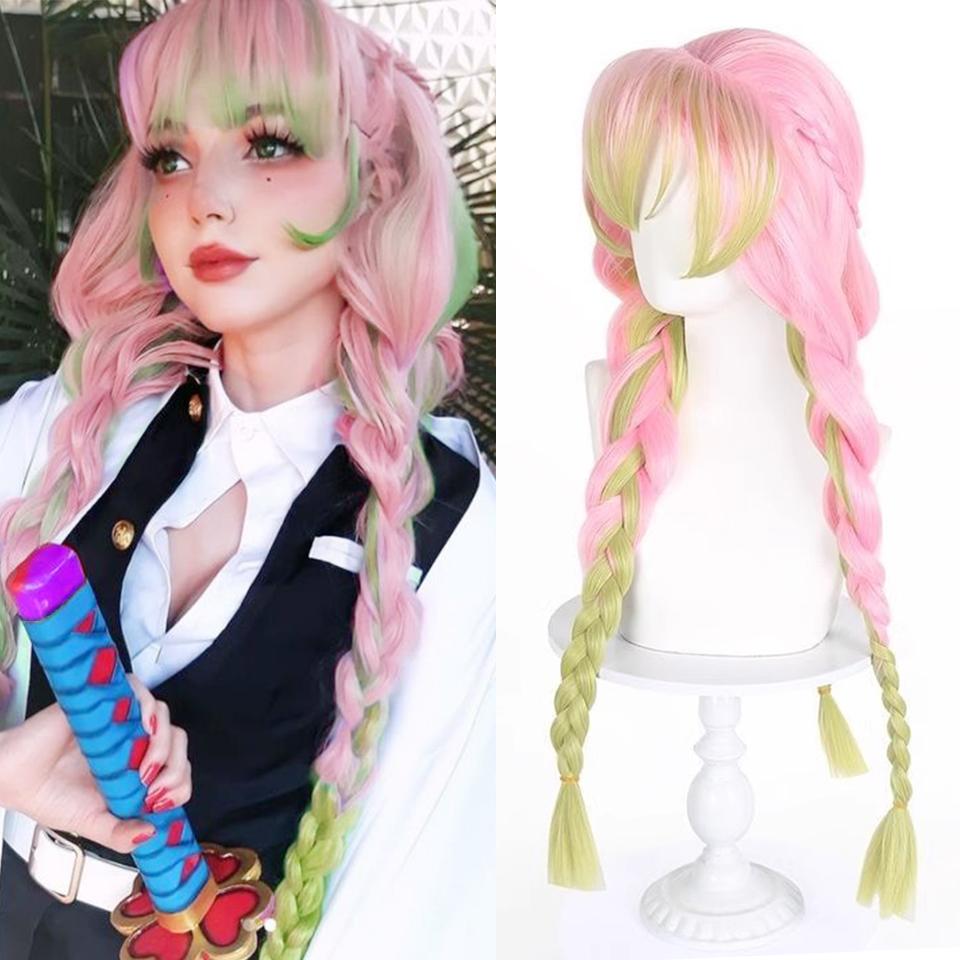 Synthetic Wig Kimetsu No Yaiba Kanroji Mitsuri Cosplay Wig Headgear Female Pink Green Gradient Bold Braided Hair Wig Headgear