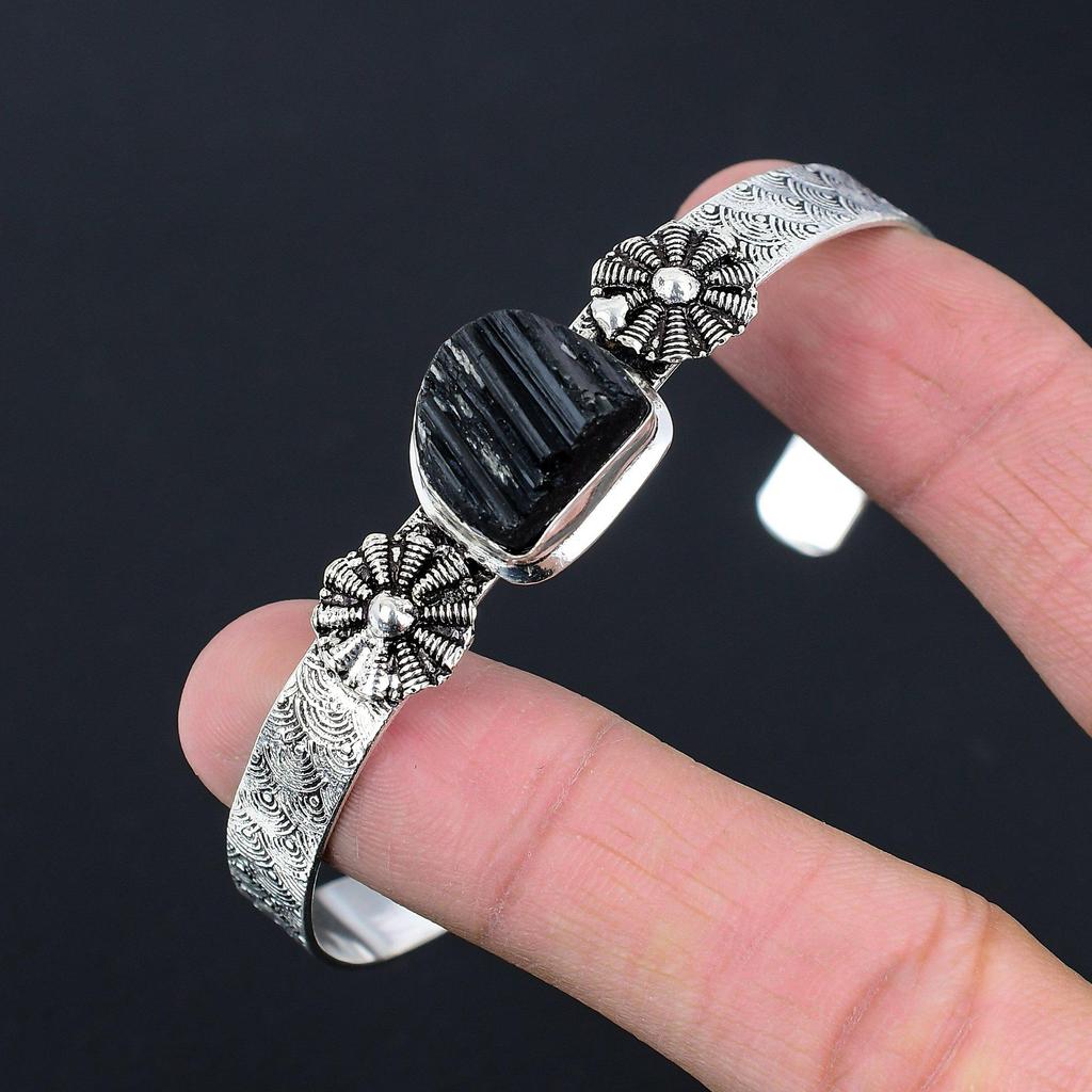 Подарок для женщин Браслет регулируемый Серебро 925 пробы Натуральный шершавый черный турмалин