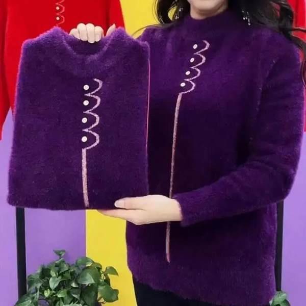 Зимний свитер для мам из флиса с утолщенной норкой 2025 года, женский свободный топ, короткая трикотажная нижняя рубашка