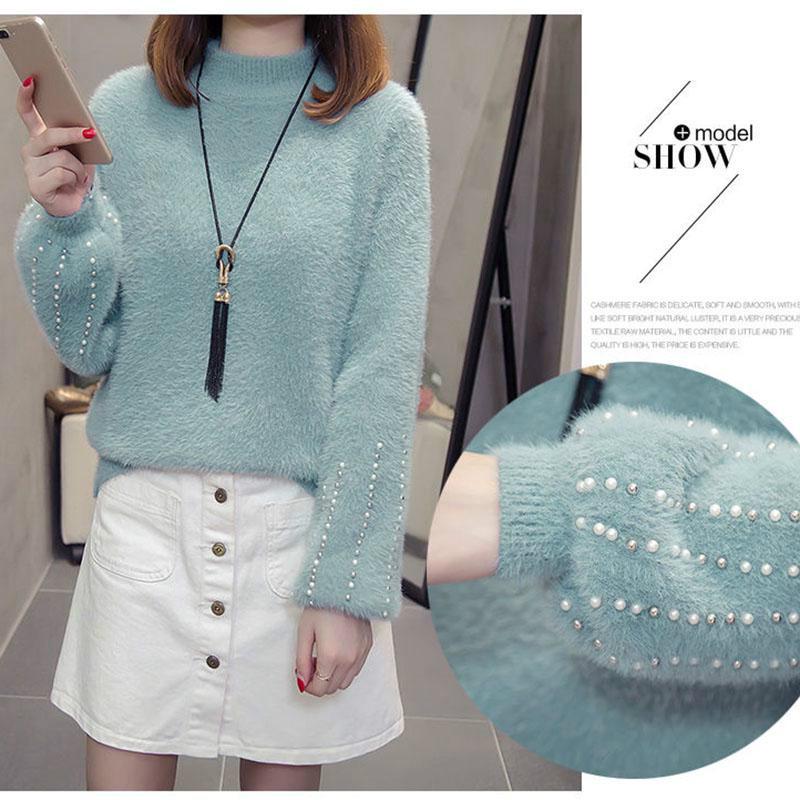 Нечеткий свитер для женщин, бархатный свитер из искусственной норки, женский пуловер с бисером, нижняя рубашка, корейские свитера из мохера с высоким воротом и длинными рукавами