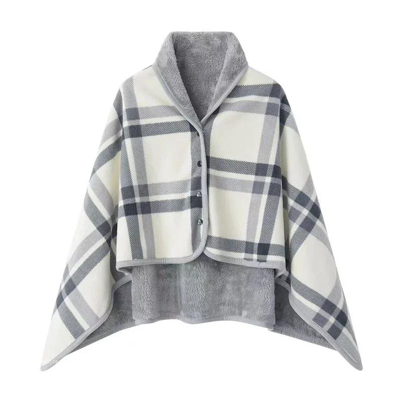 Flannel Wearable Blanket Plaid Home Office Chair Lap Blanket Comfy Poncho Throw with Buttons Winter Warm Soft Shawl Blanket