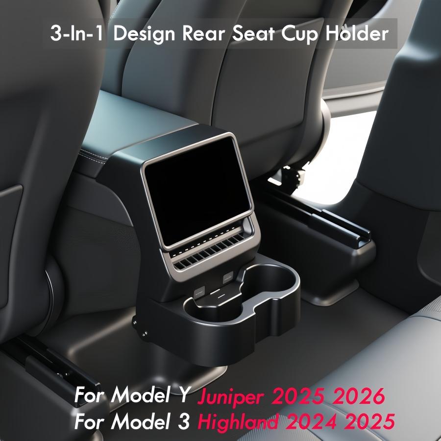 cfseh5 3-In-1 Design Rear Seat Cup Holder Organizer For Tesla Model Y Juniper 2025+ & Model 3 Highland 2024+ Retractable and Foldable