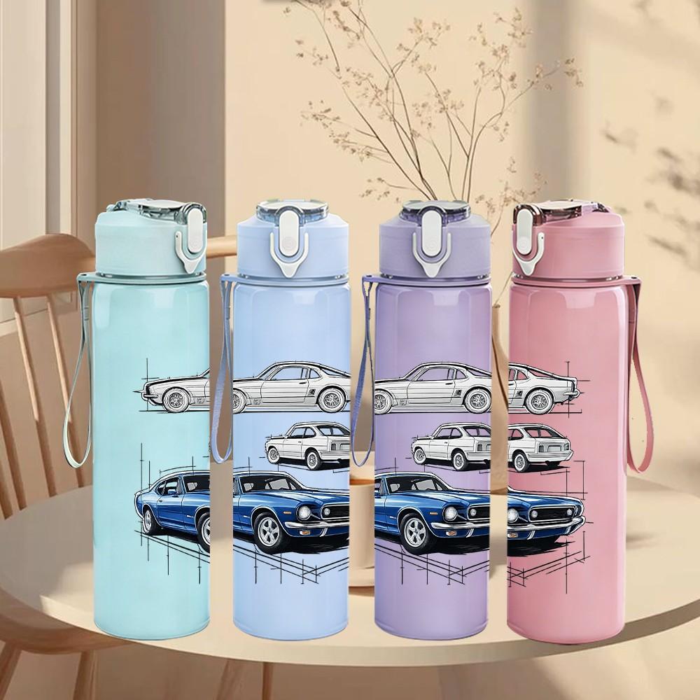 1PC Classic Retro Sport Car Collection Print 750ml Color Plastic Sports Water Bottle Leakproof Flip Straw Lid Suitable for Sports Office Home Use
