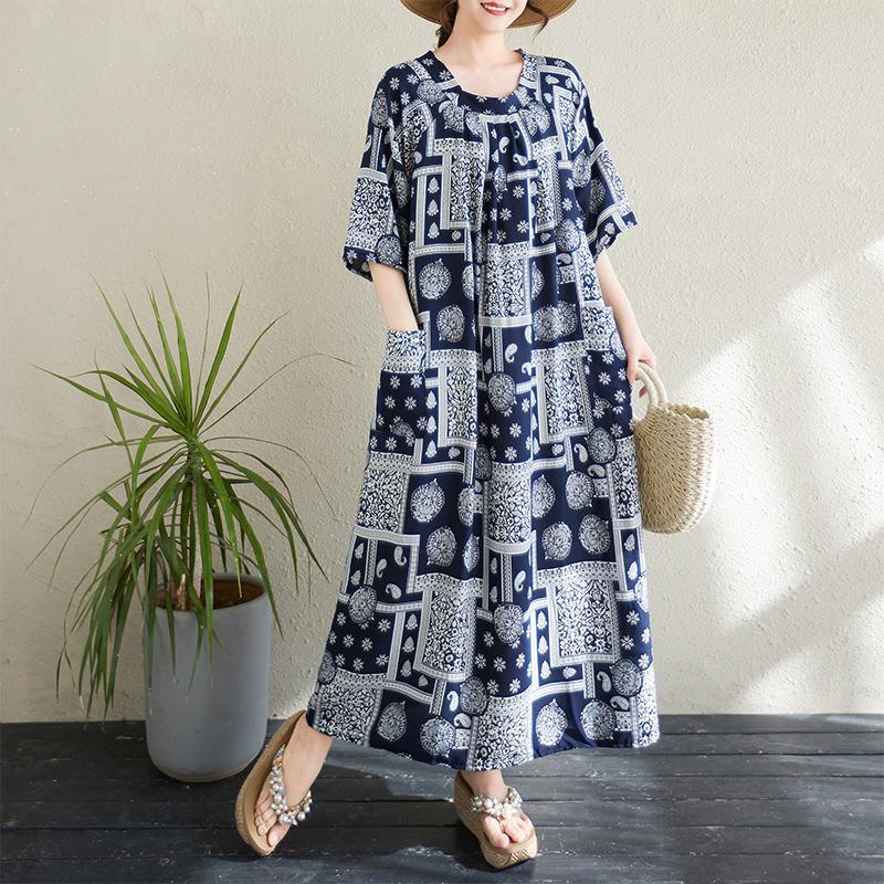 Dimanaf 2025 Новое летнее женское платье больших размеров с винтажным принтом Свободное базовое пляжное повседневное длинное платье