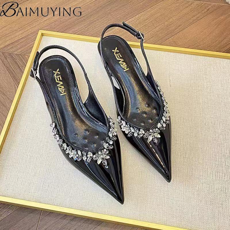 Crystal Sexy Pointed Toe Mid Heels Sandals Women Shoes Slingback Summer 2o25 Trend Dress Leather Pumps Elegant Party Sandalias