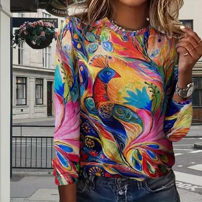 Топы для женщин с принтом 3D-цветного феникса, круглым вырезом и длинными рукавами, футболка, осенний повседневный тонкий пуловер, женский топ с длинными рукавами