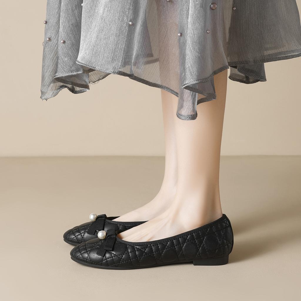 Weiwei Girl 2025-B3 черные туфли на плоской подошве для поездок на работу с легким ртом, ароматные, с мягкой подошвой и бантом, женские туфли с круглым носком