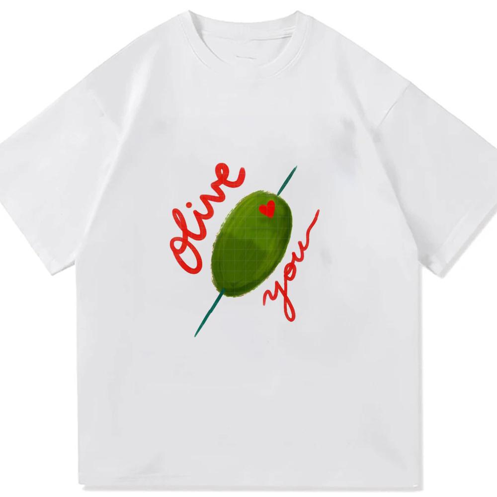 Olive You Graphic T Shirt Cute Green Olive Heart Letter Pun Print Short Sleeve Cotton Loose Fit Tees Summer Unisex T Shirt