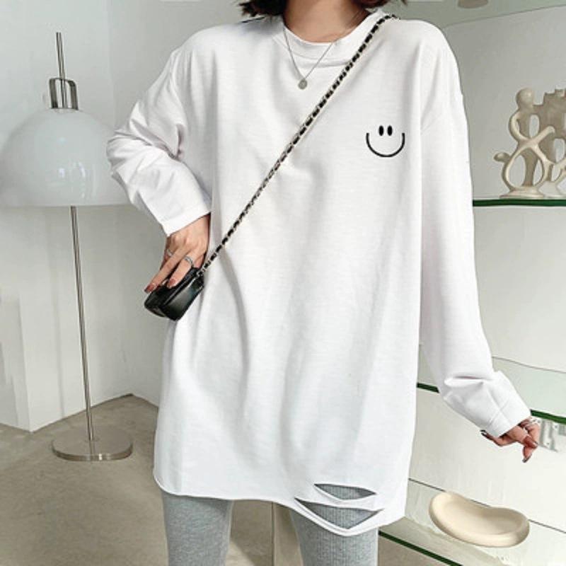 Осень и Зима Новая Белая Футболка с Длинным Рукавом Женская Средней Длины Свободного Кроя Европейский Вельвет Внутренняя Рваная Базовая Рубашка