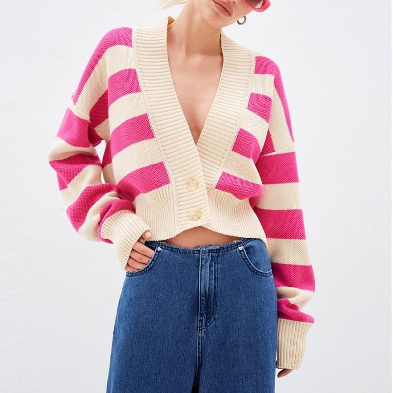 Womens Oversized Color-Block V-Neck Knit Cardigan Sweater Loose Streetwear 2025