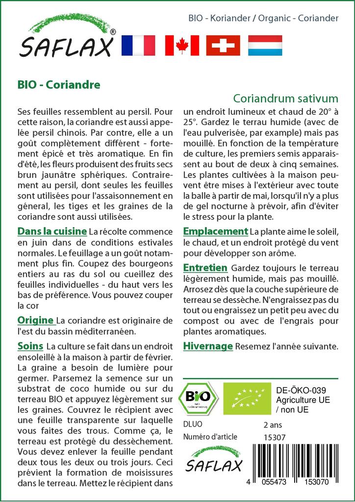 SAFLAX Garden in the Bag - Органический - Кориандр - 150 семян - С субстратом в подходящем пакете - Coriandrum sativum