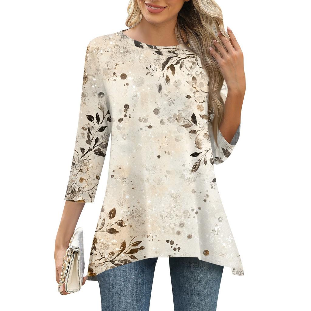 3/4 рукав туника топы для женщин принтованный повседневный выходной свободный крой модная базовая футболка с круглым вырезом