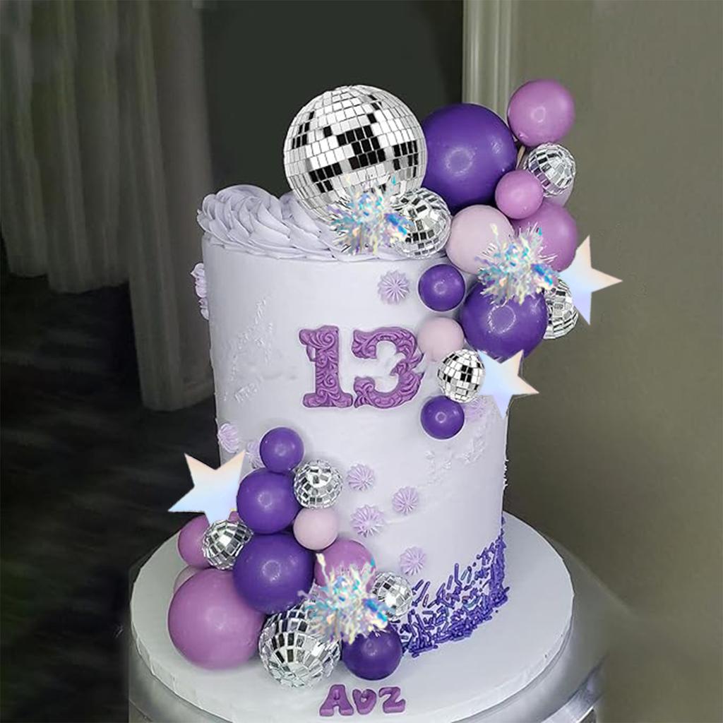 Фиолетовые диско-шары, зеркальные шары, украшения для торта с серебряными звездами, топпер для торта для диско-танцевальной вечеринки, принадлежности для субботней ночи