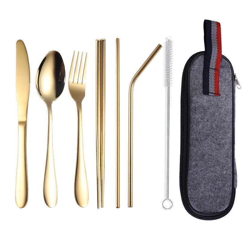 8Pcs Stainless Steel Straw Set Outdoor Western-style Knife, Fork, Spoon and Chopsticks Portable Cutlery Bag