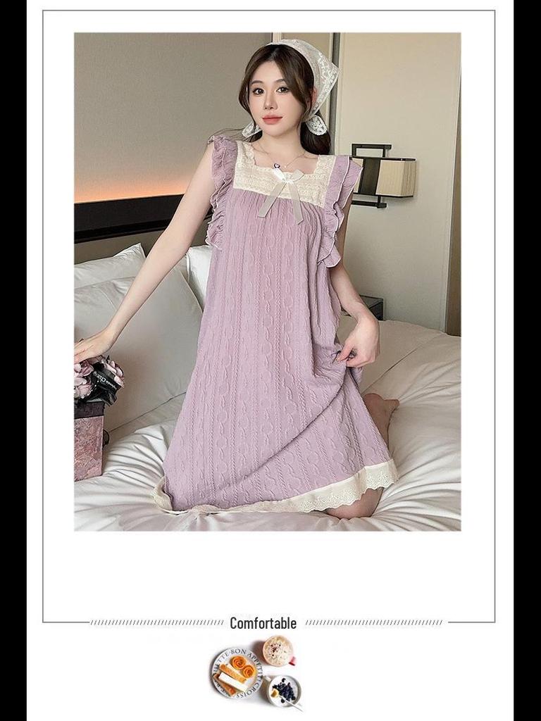 Милая женская летняя ночная рубашка с милыми рукавами-грибками, стиль «принцесса», средней длины и свободного кроя, подходит для ношения в помещении и на улице.