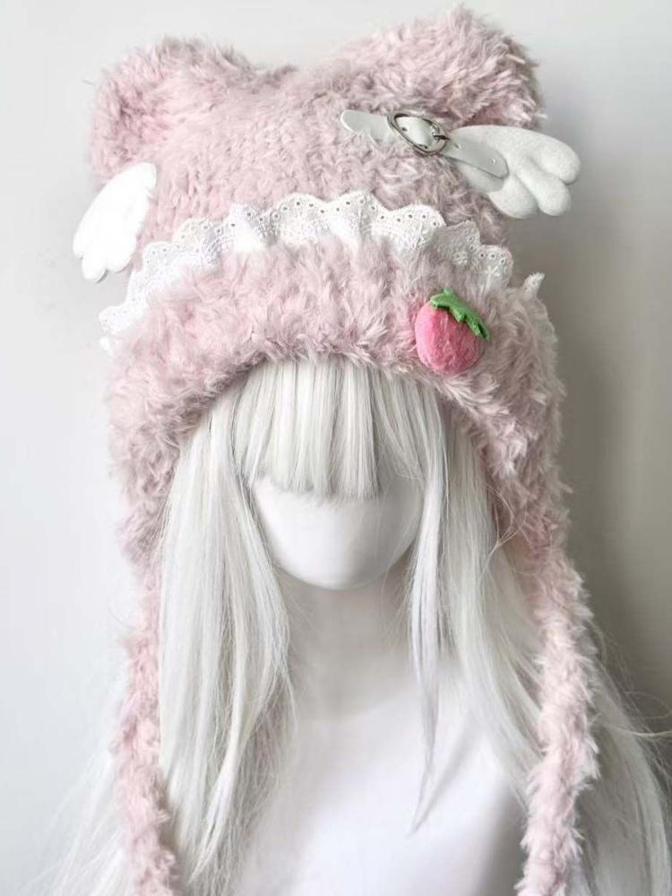 Y2K Aesthetic Lace Patchwork Knitted Fairy Hat Cute Strawberry Winter Cap Harajuku Kawaii Grunge Women Hats