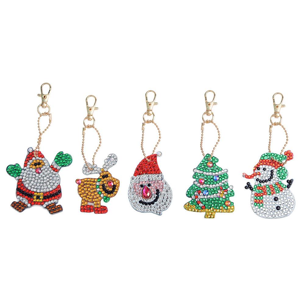 1 Set DIY Full Drill Christmas Theme Rhinestone Painting Keychain Resin Drill Pendant Cute Animal Key Chain Christmas