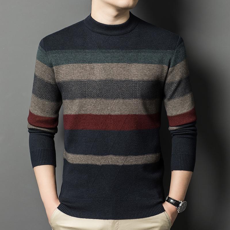 Универсальный вязаный свитер с цветными блоками, мужской повседневный теплый свитер с высоким эластичным круглым вырезом для мужчин, осень-зима