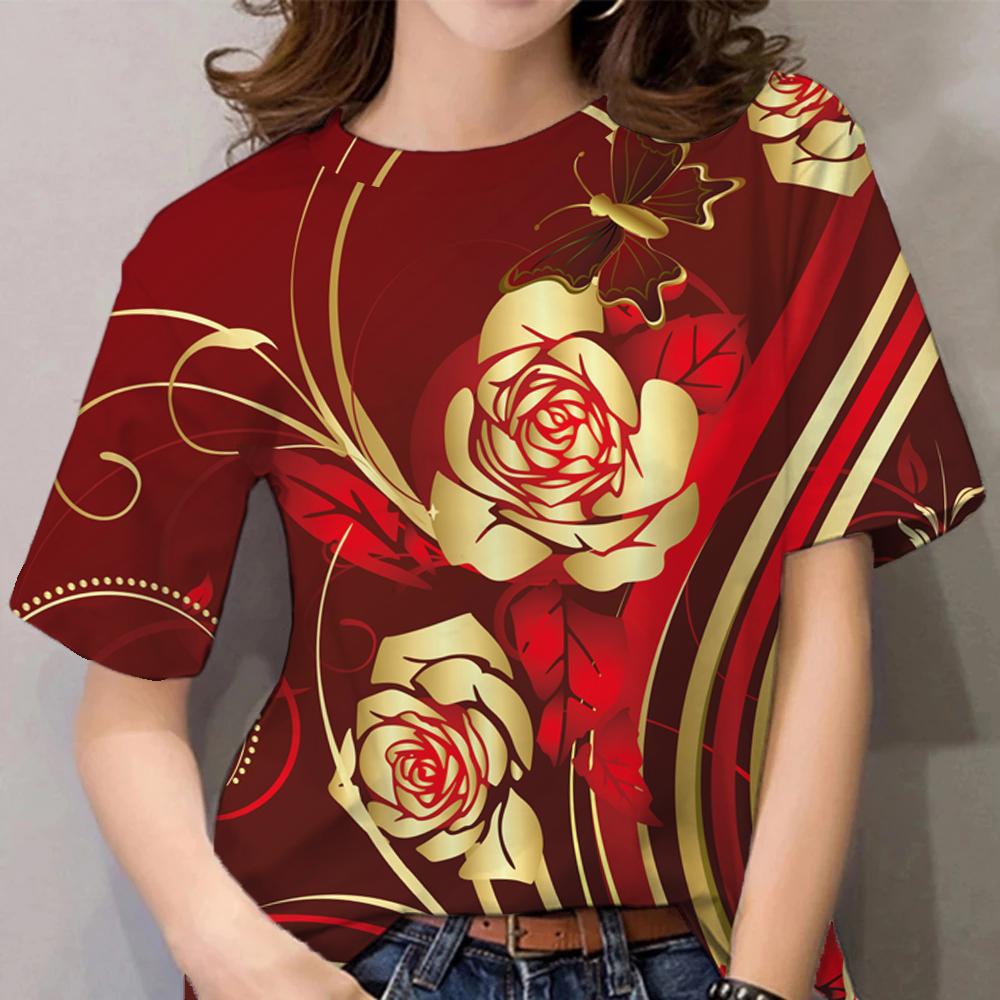 Женская футболка с цветочным принтом, одежда в стиле Харадзюку, повседневные футболки с коротким рукавом и круглым вырезом, повседневные блузки Y2k, топы больших размеров