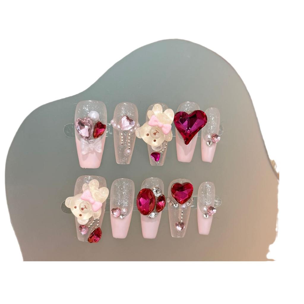 Women Press‑On Nails Pure‑Handmade Summer Sweet Bear Pink French Love Rhinestone Removable False Nail Patches