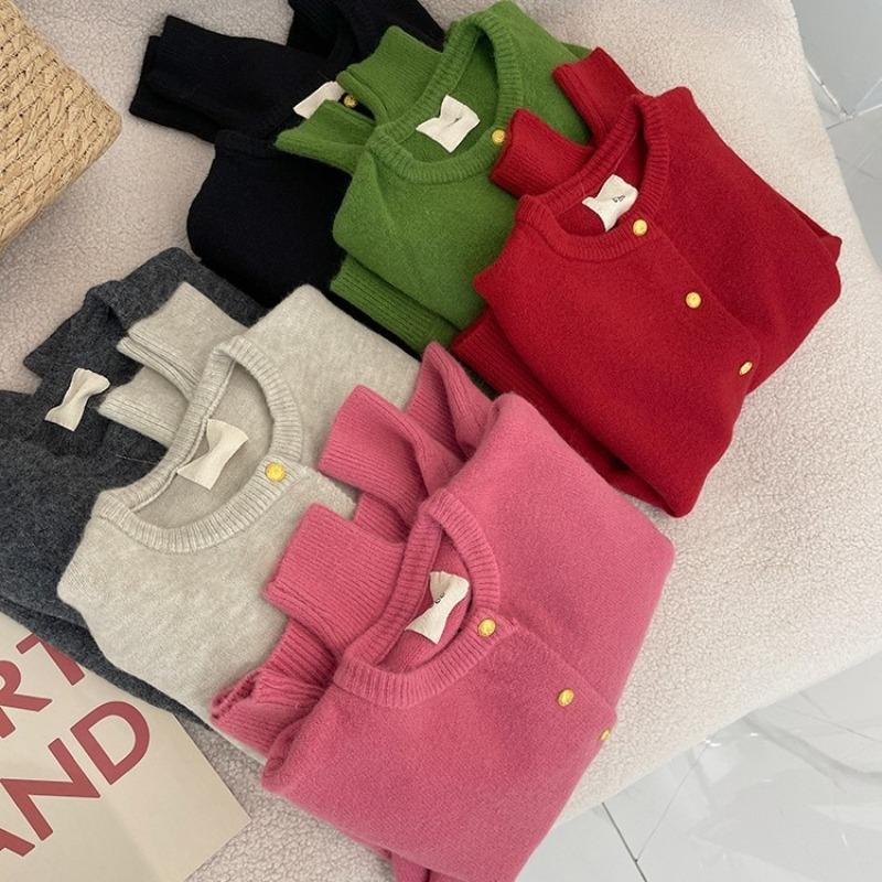 Пудра из белой малины, маленький золотой пуговичный вязаный кардиган, женский осенне-зимний мягкий восковой утолщенный теплый свитер-куртка с круглым вырезом