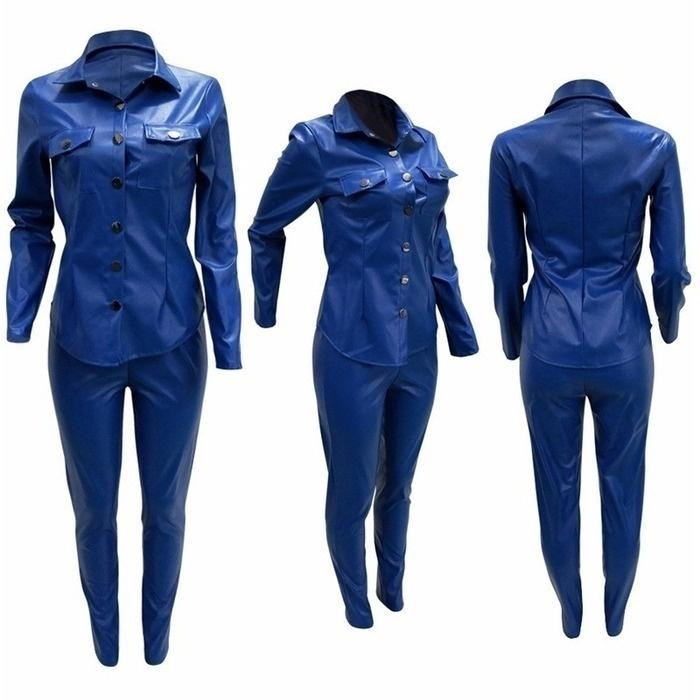 Женские кожаные штаны из двух частей, женская куртка с карманами и длинными рукавами, топ + брюки-карандаш, комплект из 2 предметов