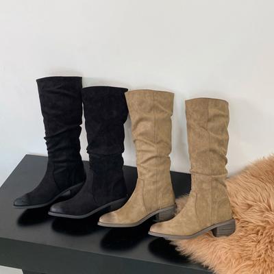 Осенние плиссированные женские ботфорты до колена, модные туфли на толстом каблуке с острым носком, западные длинные боты для женщин