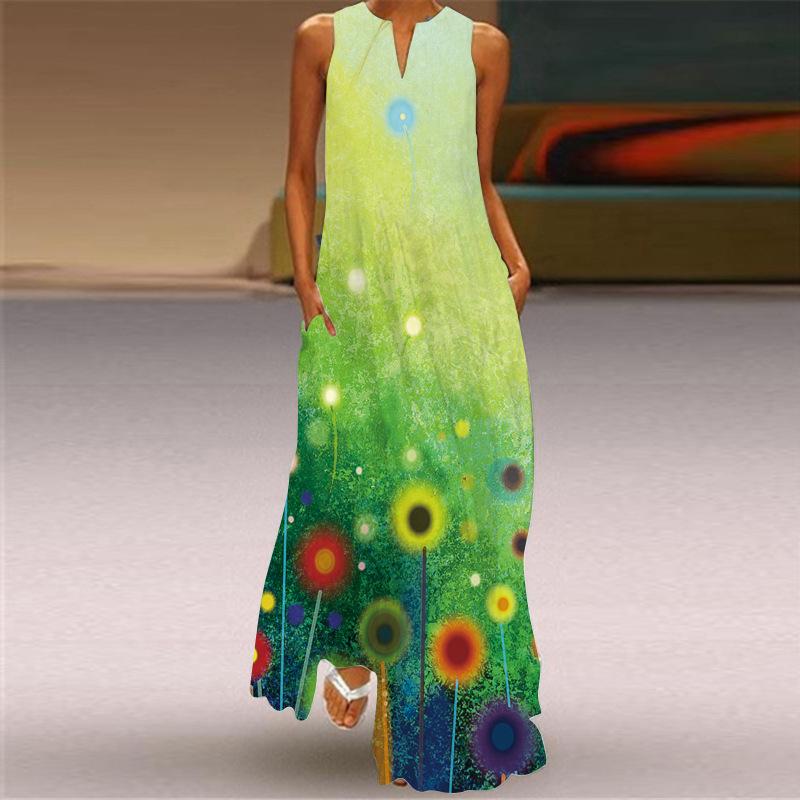 QICED Summer Women's Sleeveless Long V-Neck Printed Jade Flower Dresses