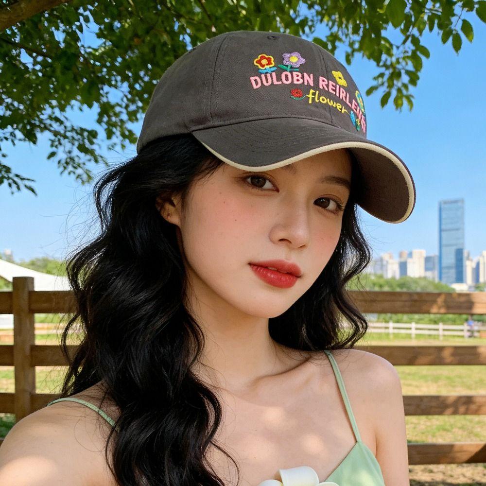Cotton Floral Baseball Cap Letter Embroidered Streetwear Hats Casual Peaked Cap  For Women Girls