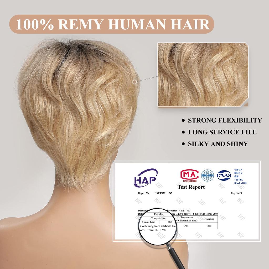 HAIRCUBE Lace Front Wigs Pixie Cut Wig Human Hair Wigs with Bangs Blonde Natural Short Wigs Layered Wavy Women