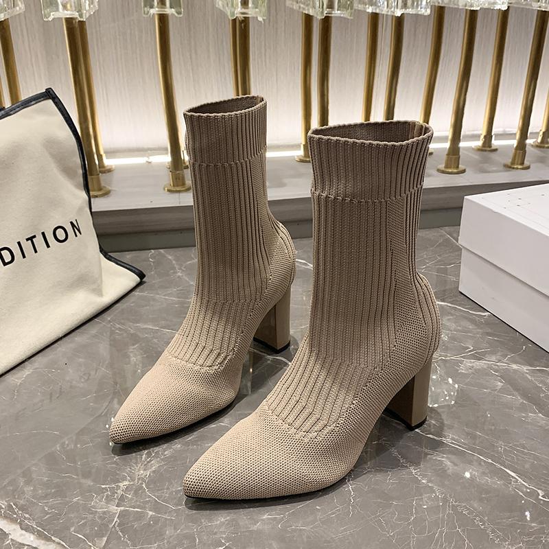 Мода 2025 весна осень женские вязаные носки сапоги модные туфли на квадратном каблуке с острым носком женские лаконичные короткие сапоги