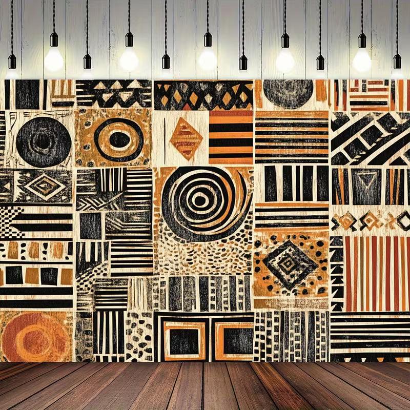 2D Flat Print African Tribal Tapestry with Geometric Patchwork, Black Orange Beige Mud Cloth Design