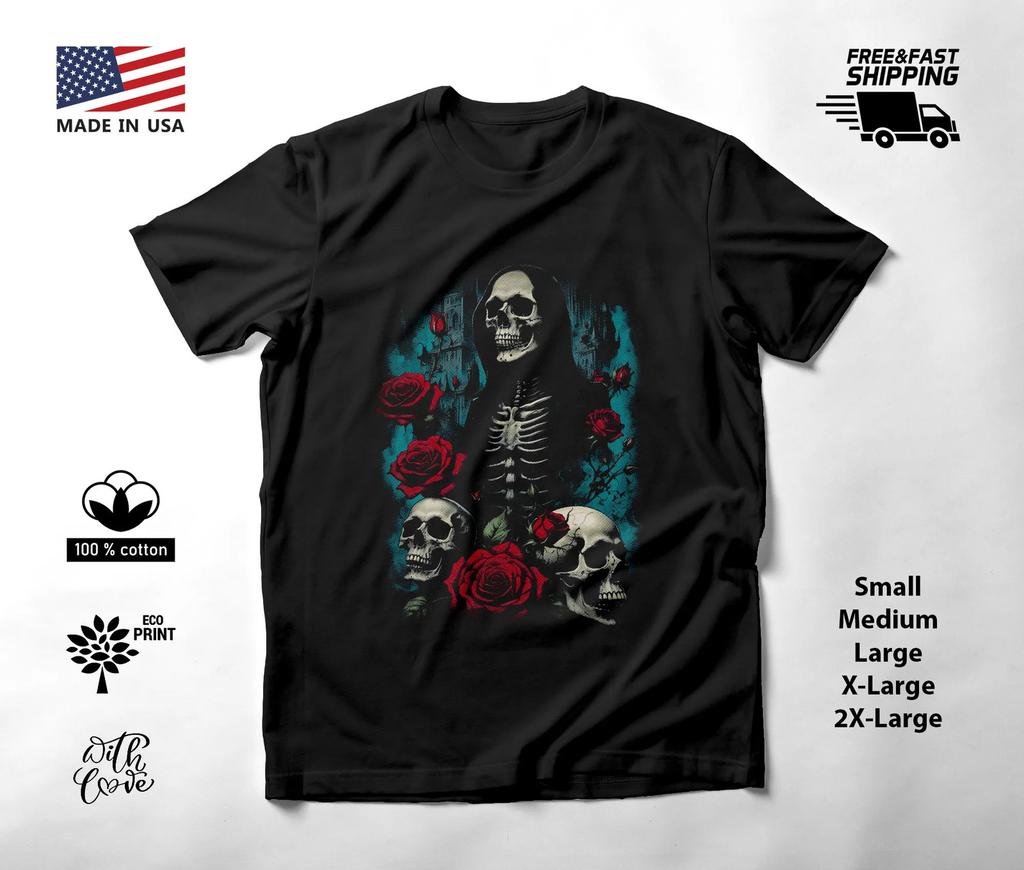 Hooded Skeleton Red Roses and Skulls T-Shirt Black Unisex S-2XL
