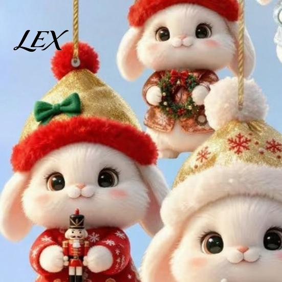 Christmas Tree Hanging Ornaments Bunny Wooden Ornament, 2D Flat Rabbit Decor with Santa Reusable Hat, Holiday Pendant for Wreath Door, Festive