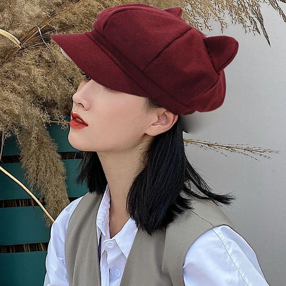 Fashion Beret Hat Warmer Octagonal Cap Cat's Ears Hat Duck Tongue Cap  Women Ladies Girl